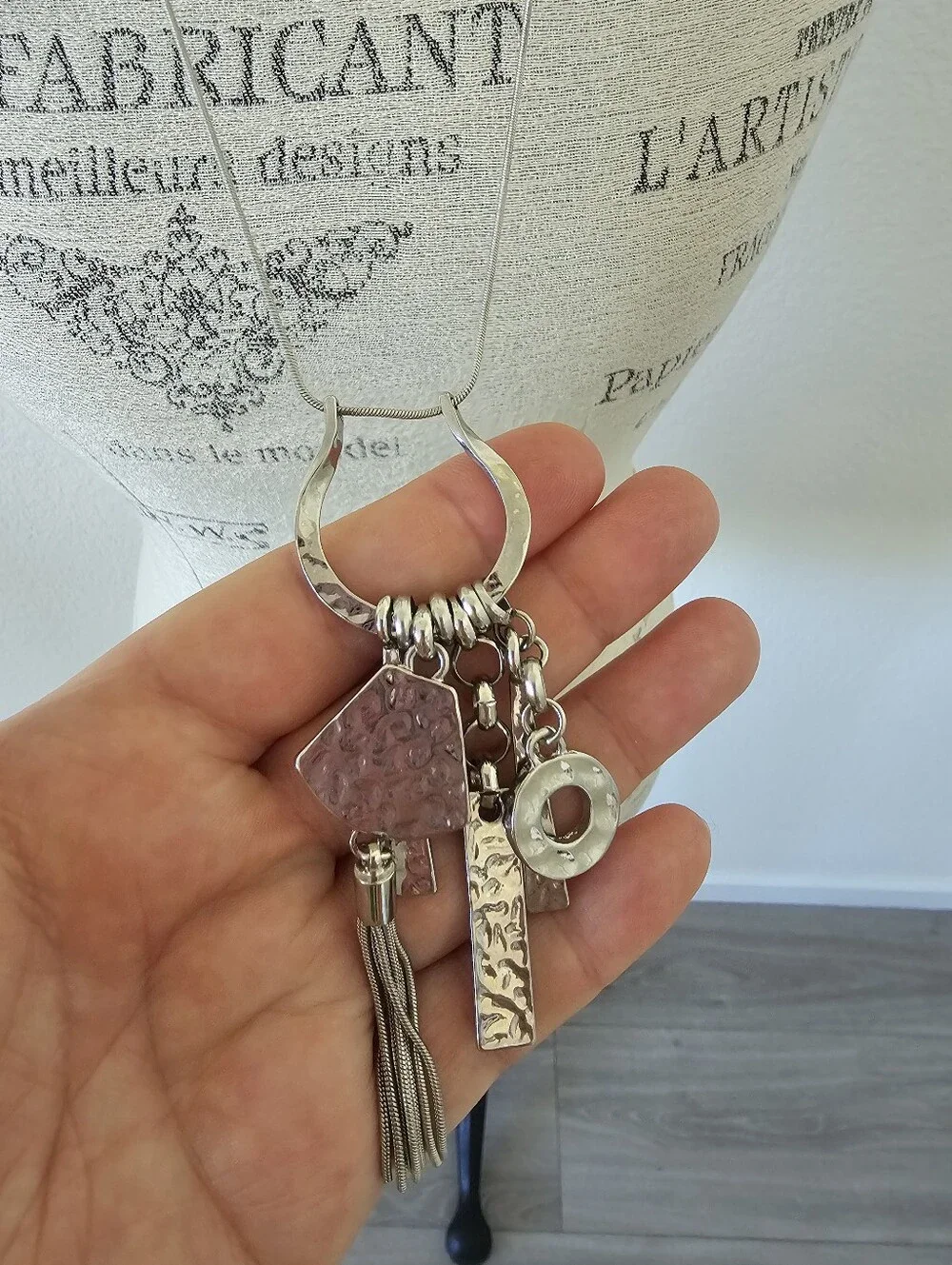 Mixed Metal Hammered Geometric Charm & Tassel Adjustable Long Pendant Necklace​